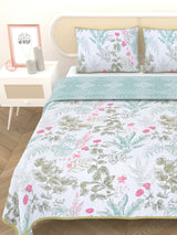 Quilted Floral Printed Reversible Bedcover with 2 Pillow Covers