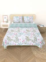 Quilted Floral Printed Reversible Bedcover with 2 Pillow Covers
