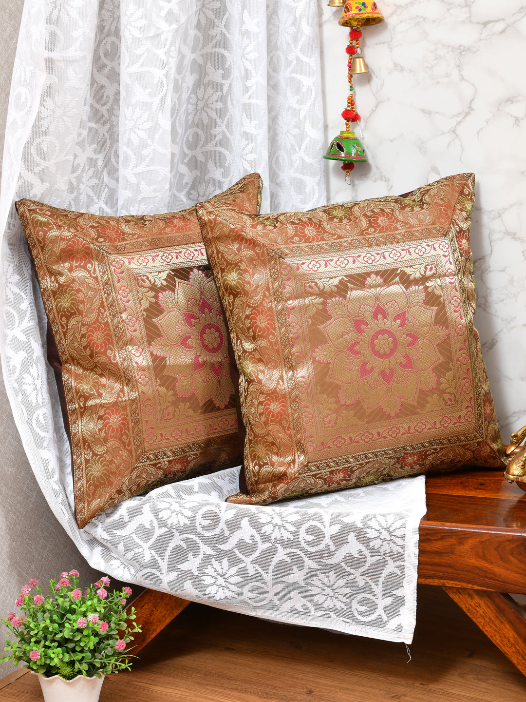 Set of 2 Banarasi Zari Cushion Cover - 16X16 Inches11100811