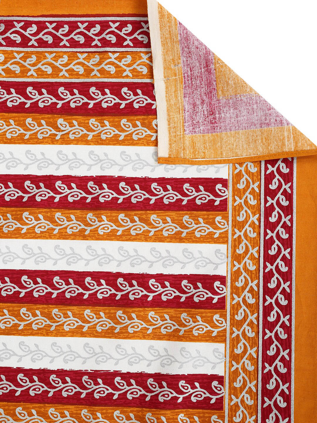 White & Orange Ethnic Motifs Cotton 1 King Bedsheet with 2 Pillow Covers