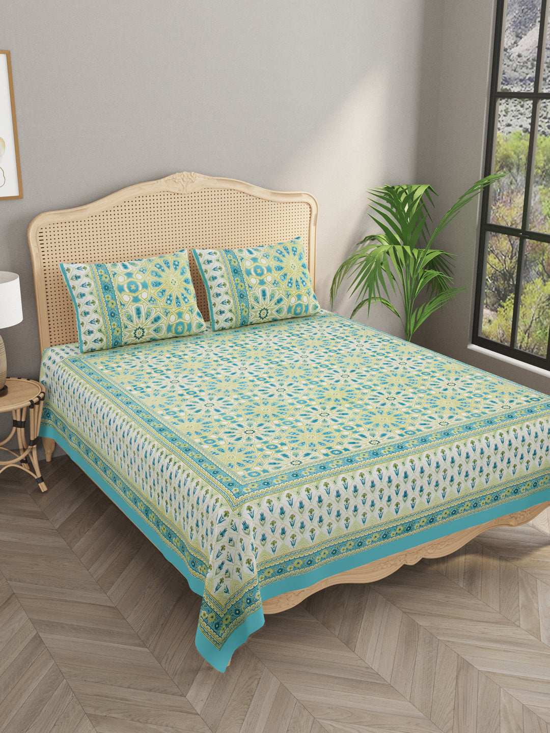 Floral Print Cotton Super King Bedsheet with 2 Reversible Pillow Covers