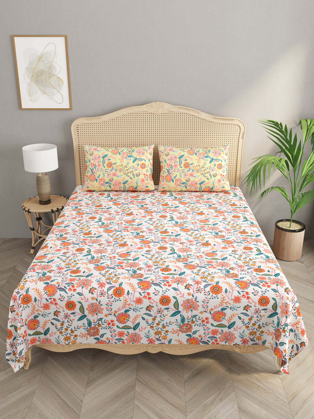 Floral Print Cotton Super King Bedsheet with 2 Reversible Pillow Covers