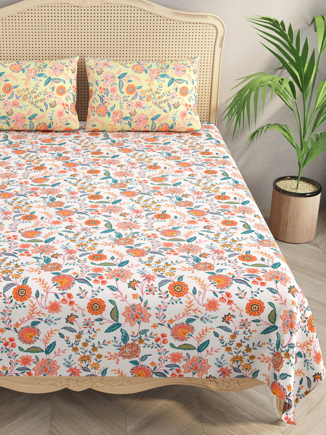 Floral Print Cotton Super King Bedsheet with 2 Reversible Pillow Covers