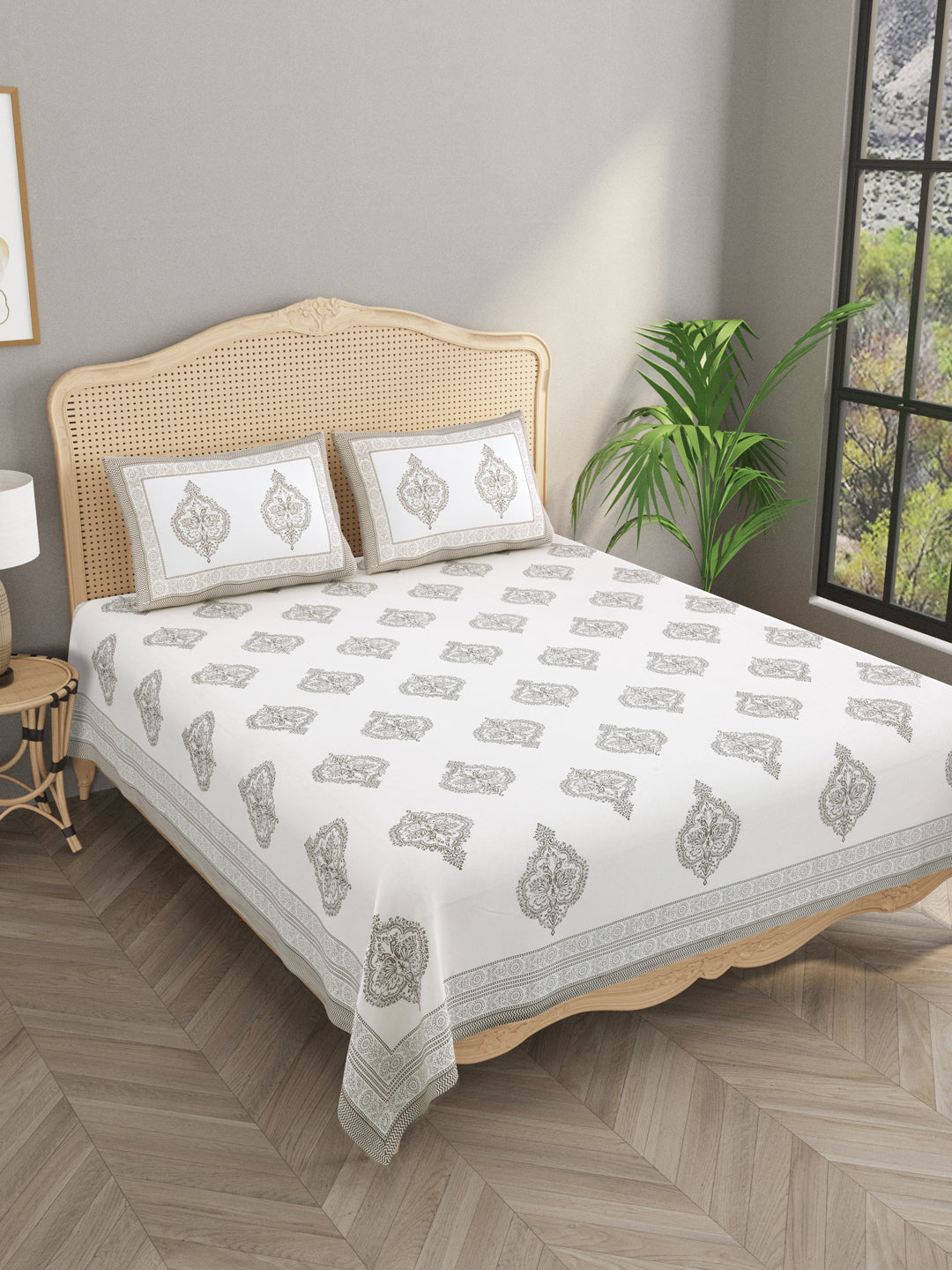 Extra Soft Percale Cotton Double King Handblock Print Bedsheet with 2 Pillow Covers