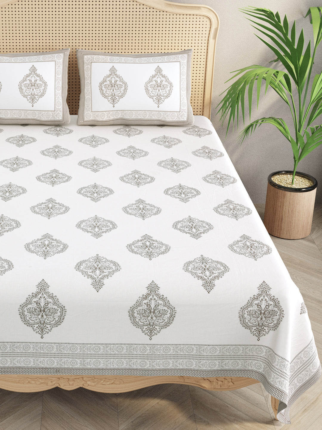 Extra Soft Percale Cotton Double King Handblock Print Bedsheet with 2 Pillow Covers