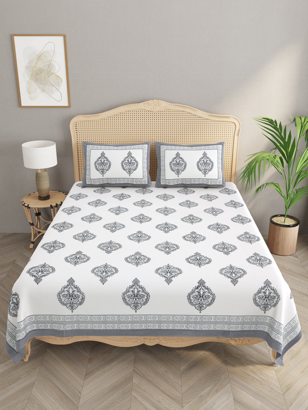 Extra Soft Percale Cotton Double King Handblock Print Bedsheet with 2 Pillow Covers