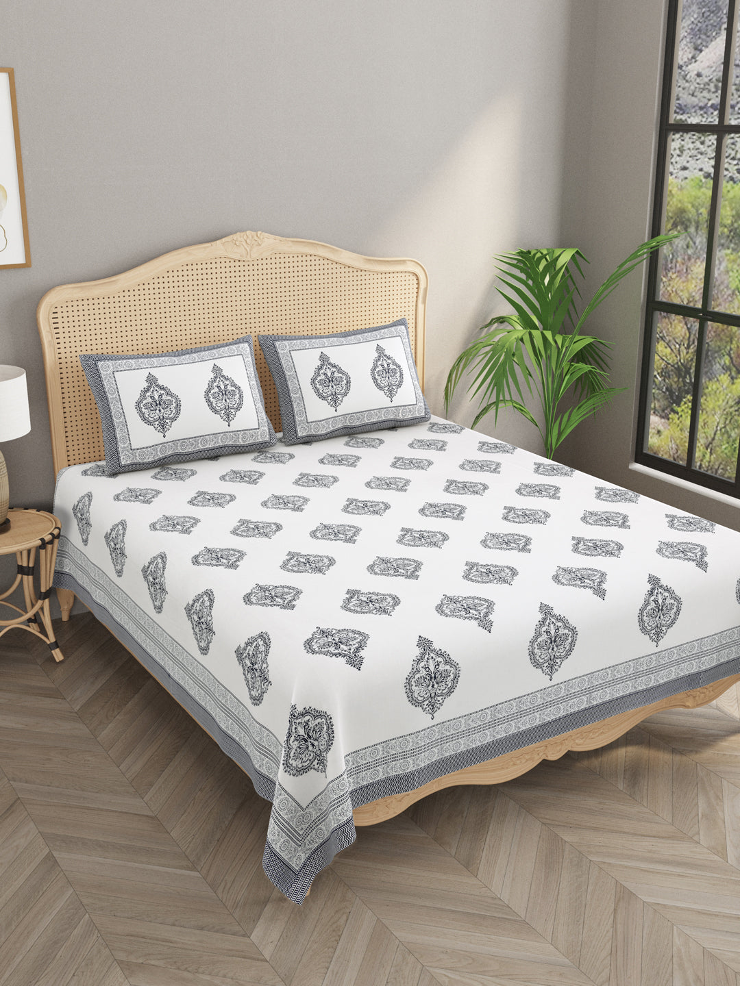 Extra Soft Percale Cotton Double King Handblock Print Bedsheet with 2 Pillow Covers