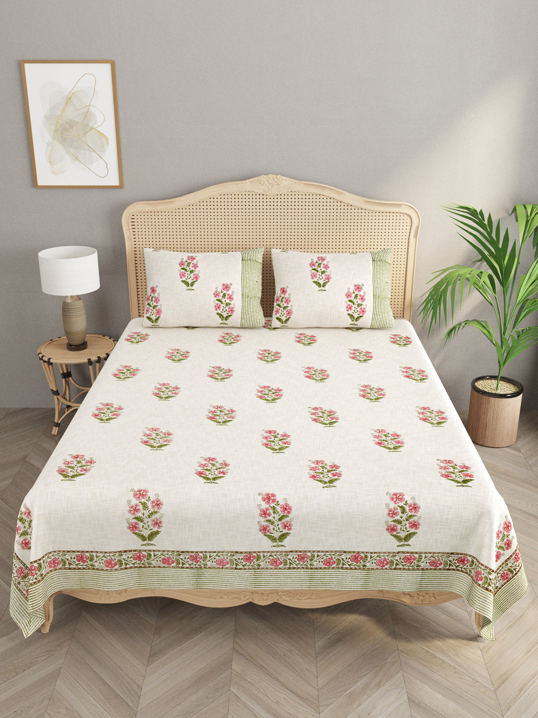 Handblock printed Jute Cotton Bedcover - Double King with 2 Pillow Covers