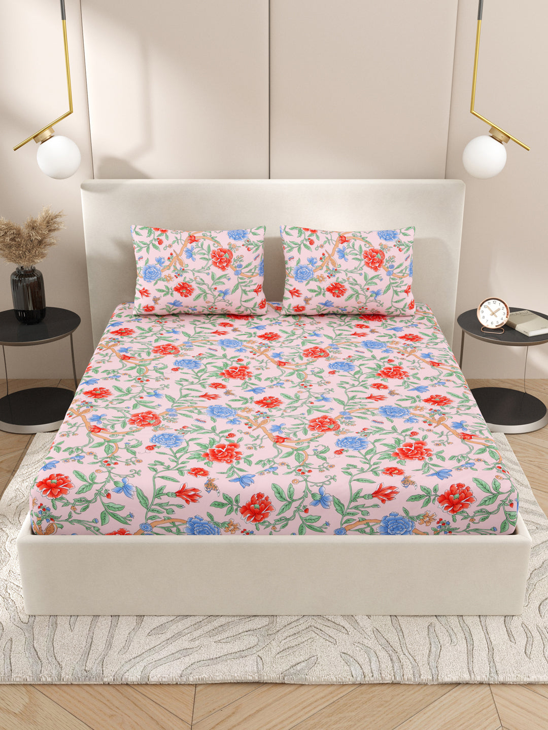 Floral print fitted Bedsheets with elastic and 2 Pillow Covers