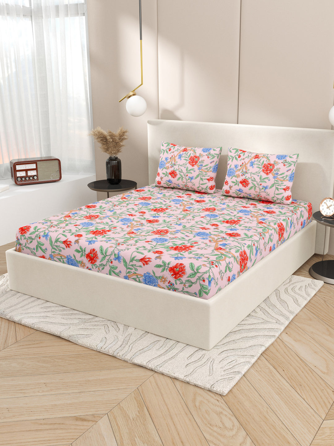 Floral print fitted Bedsheets with elastic and 2 Pillow Covers