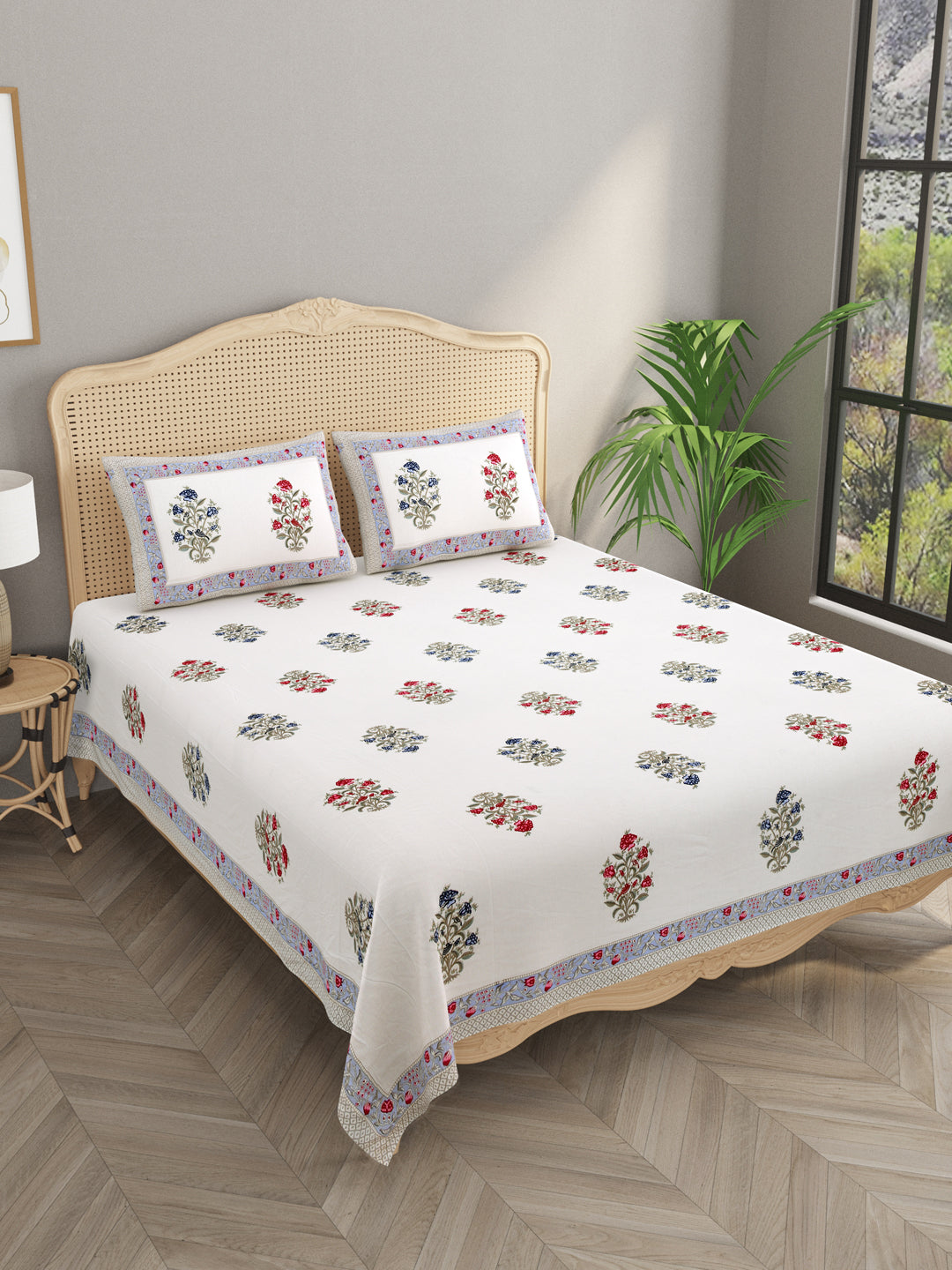 Extra Soft Percale Cotton Double King Handblock Print Bedsheet with 2 Pillow Covers