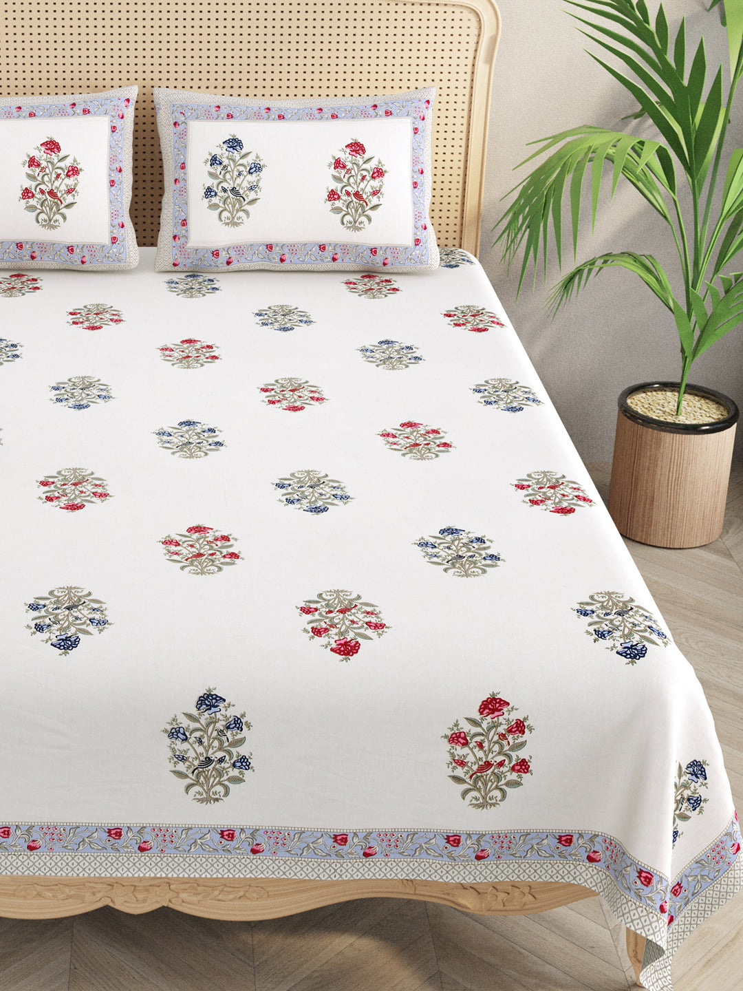 Extra Soft Percale Cotton Double King Handblock Print Bedsheet with 2 Pillow Covers