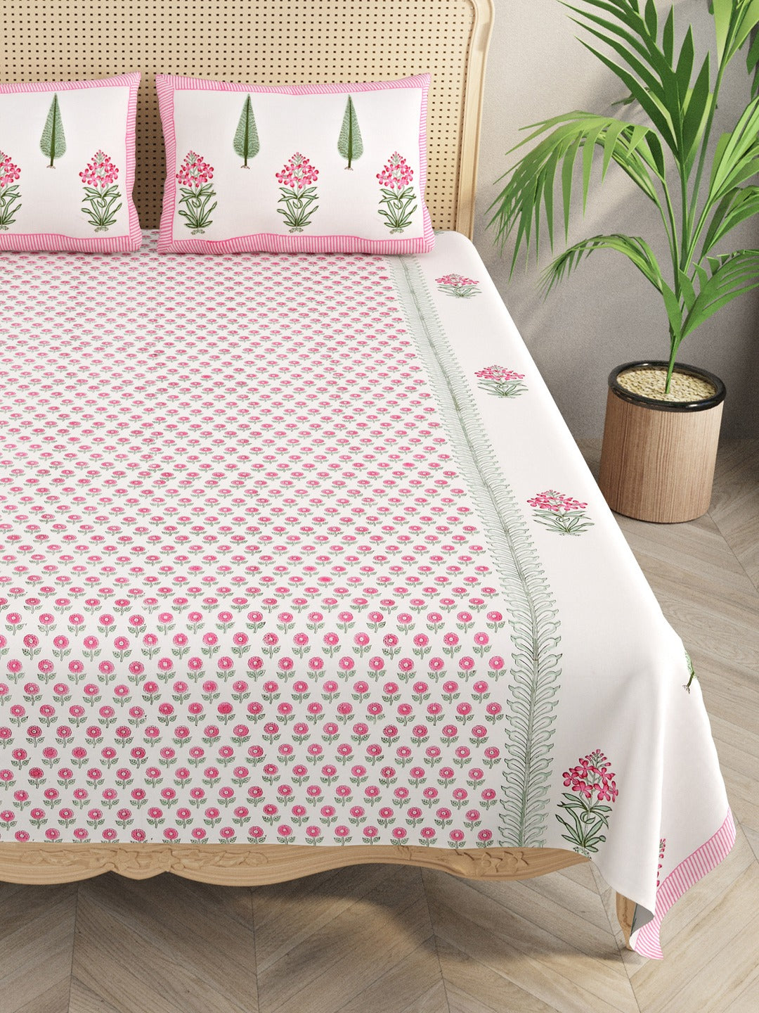 Handblock Printed Double King Bedsheet with 2 Pillow Covers