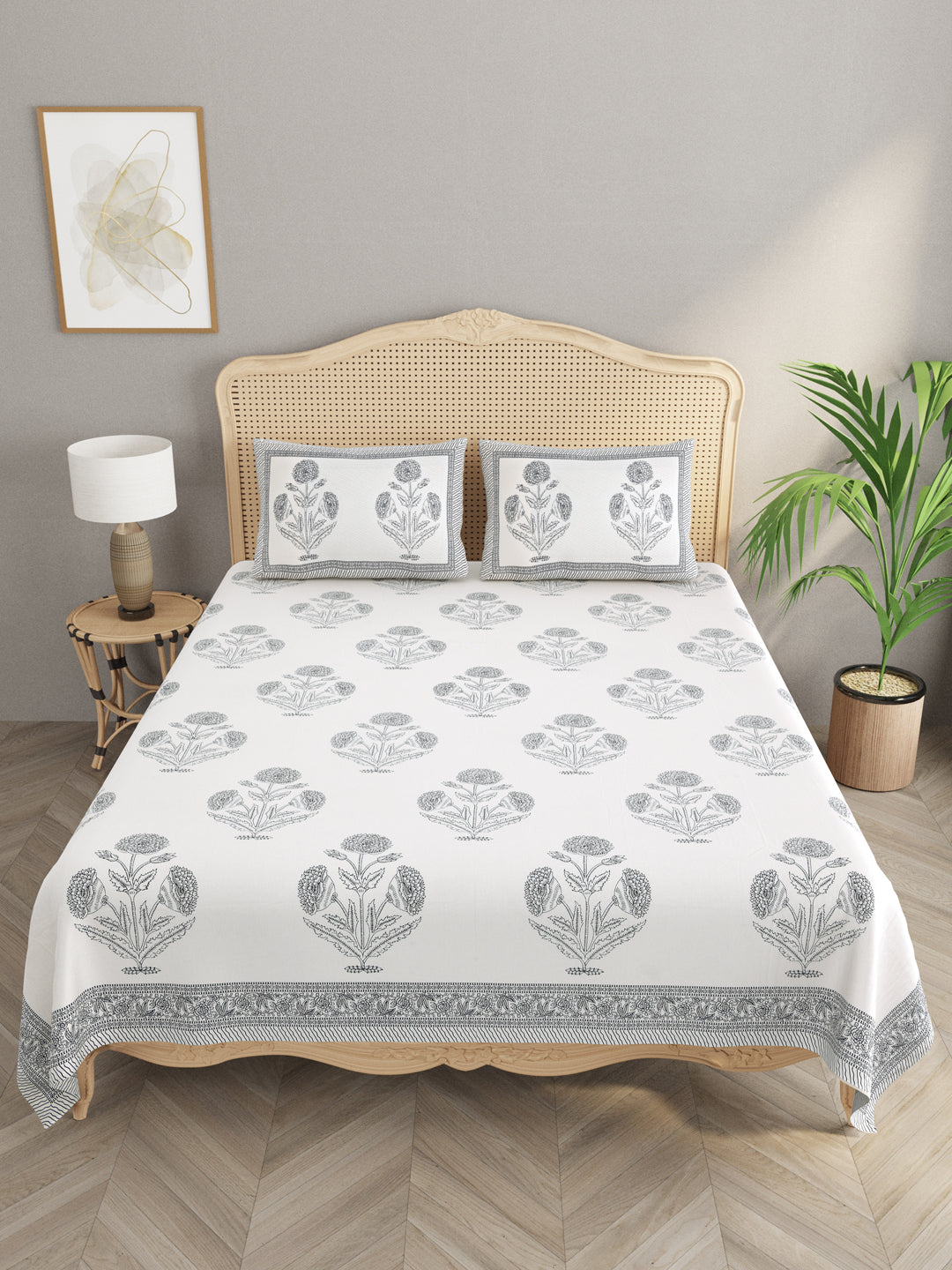 Extra Soft Percale Cotton Double King Handblock Print Bedsheet with 2 Pillow Covers