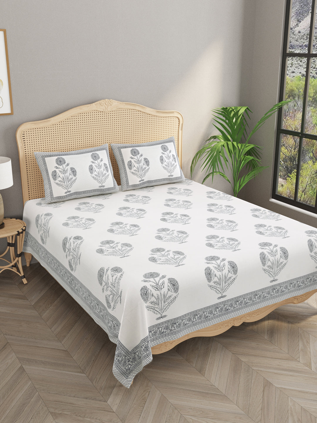 Extra Soft Percale Cotton Double King Handblock Print Bedsheet with 2 Pillow Covers