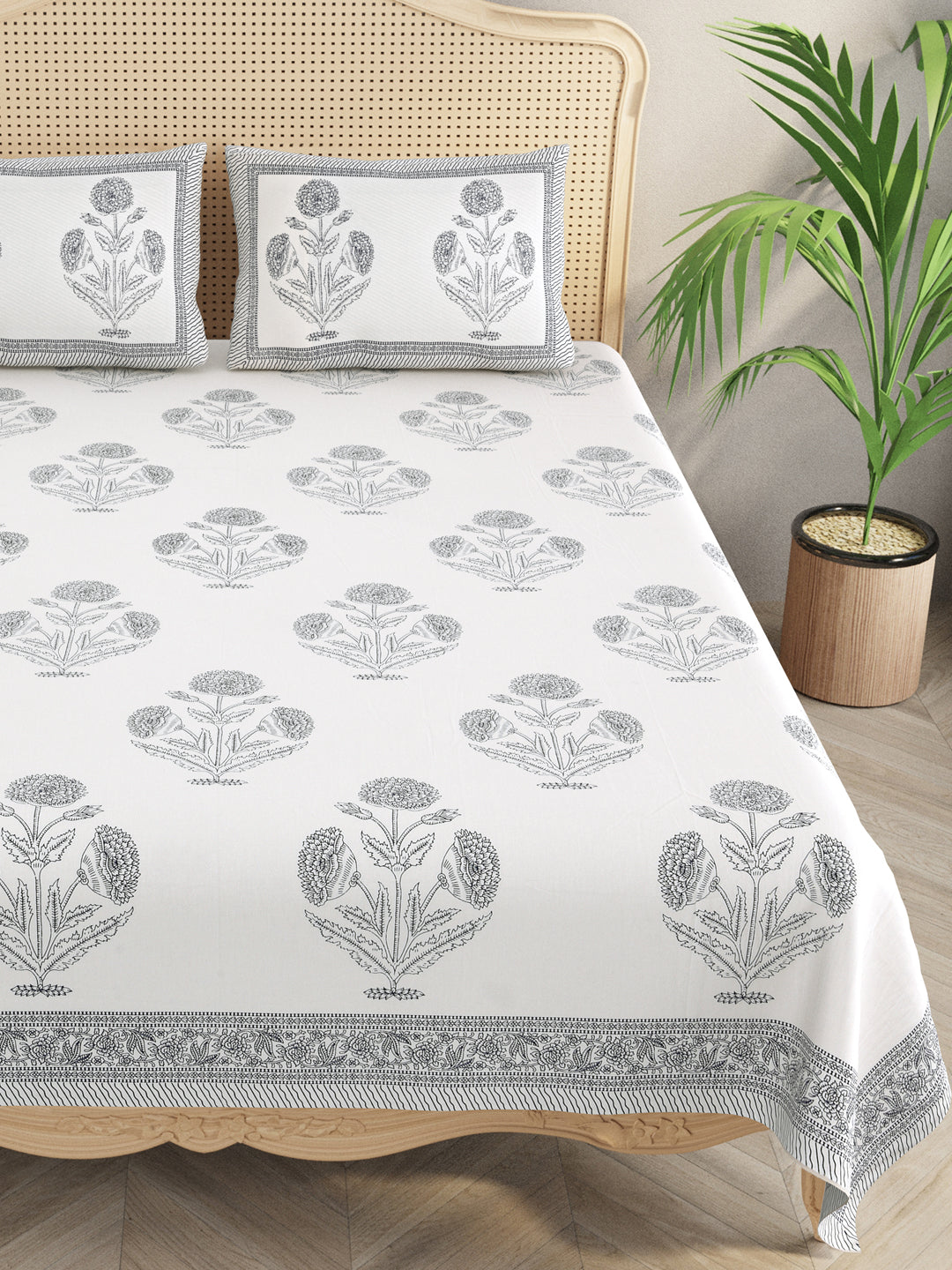 Extra Soft Percale Cotton Double King Handblock Print Bedsheet with 2 Pillow Covers