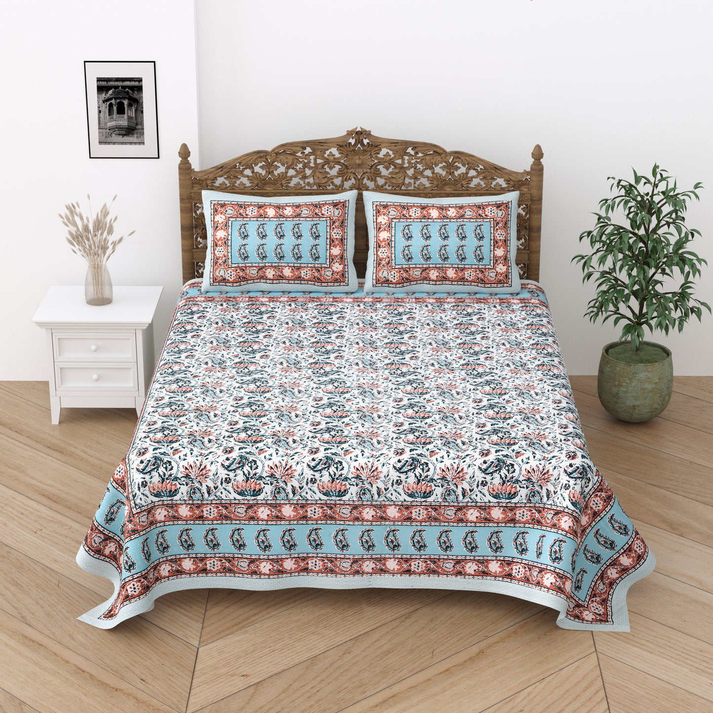 Floral Print Cotton Double King Bedsheet with 2 Pillow Covers