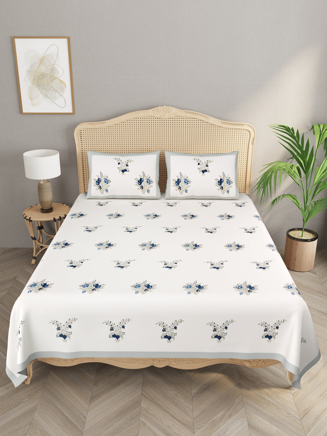Handblock Print Super King Bedsheet in Extra Soft Percale Cotton with 2 Pillow covers
