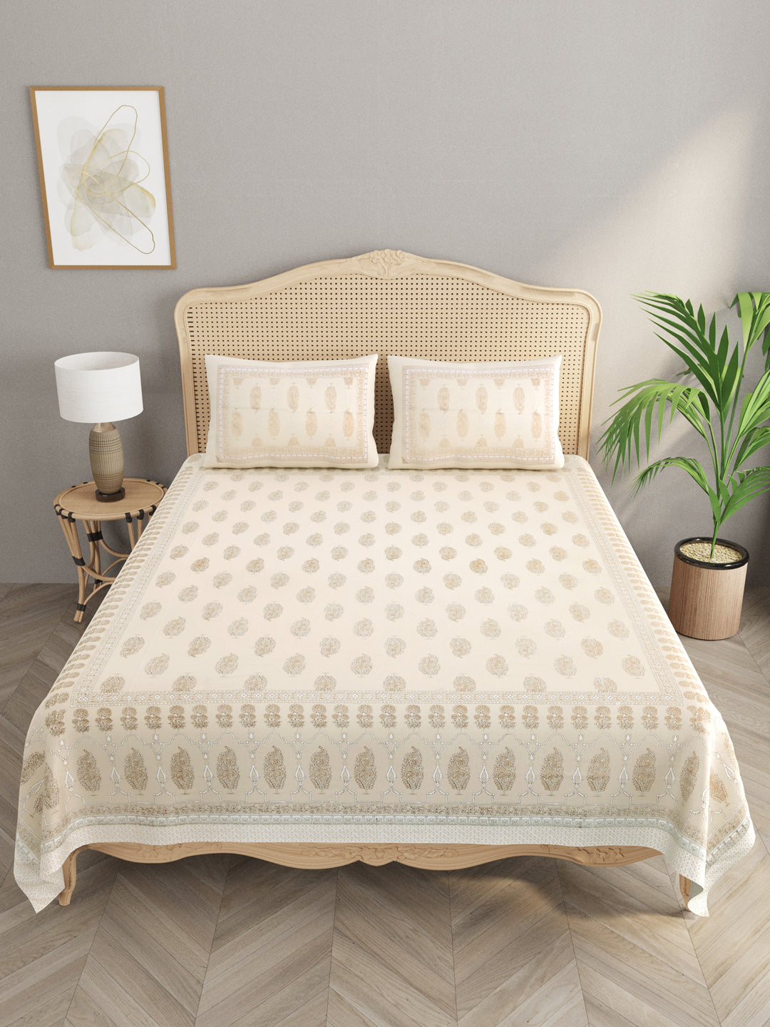 Cotton Gold Print Double King Bedsheet with 2 Pillow Covers