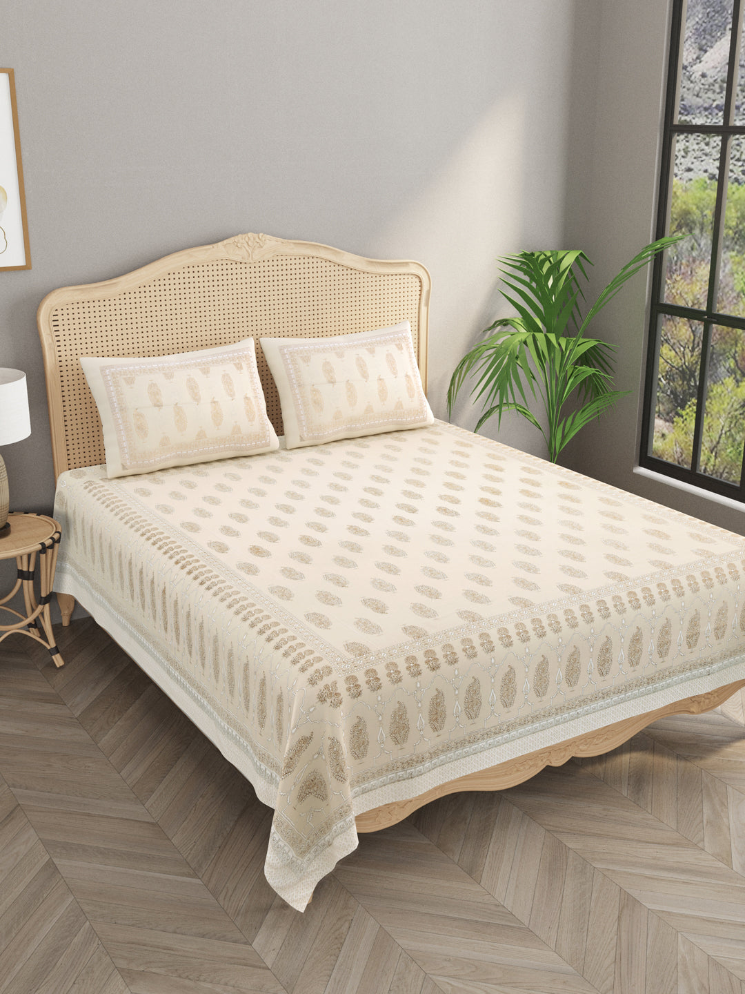 Cotton Gold Print Double King Bedsheet with 2 Pillow Covers