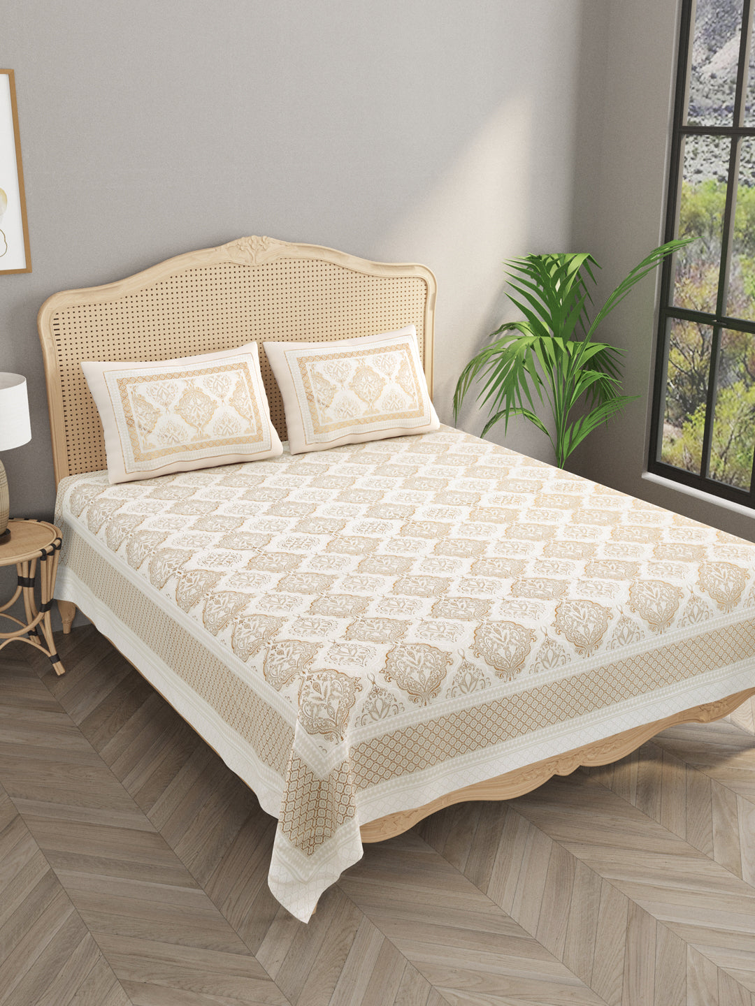 Cotton Gold Print Double King Bedsheet with 2 Pillow Covers