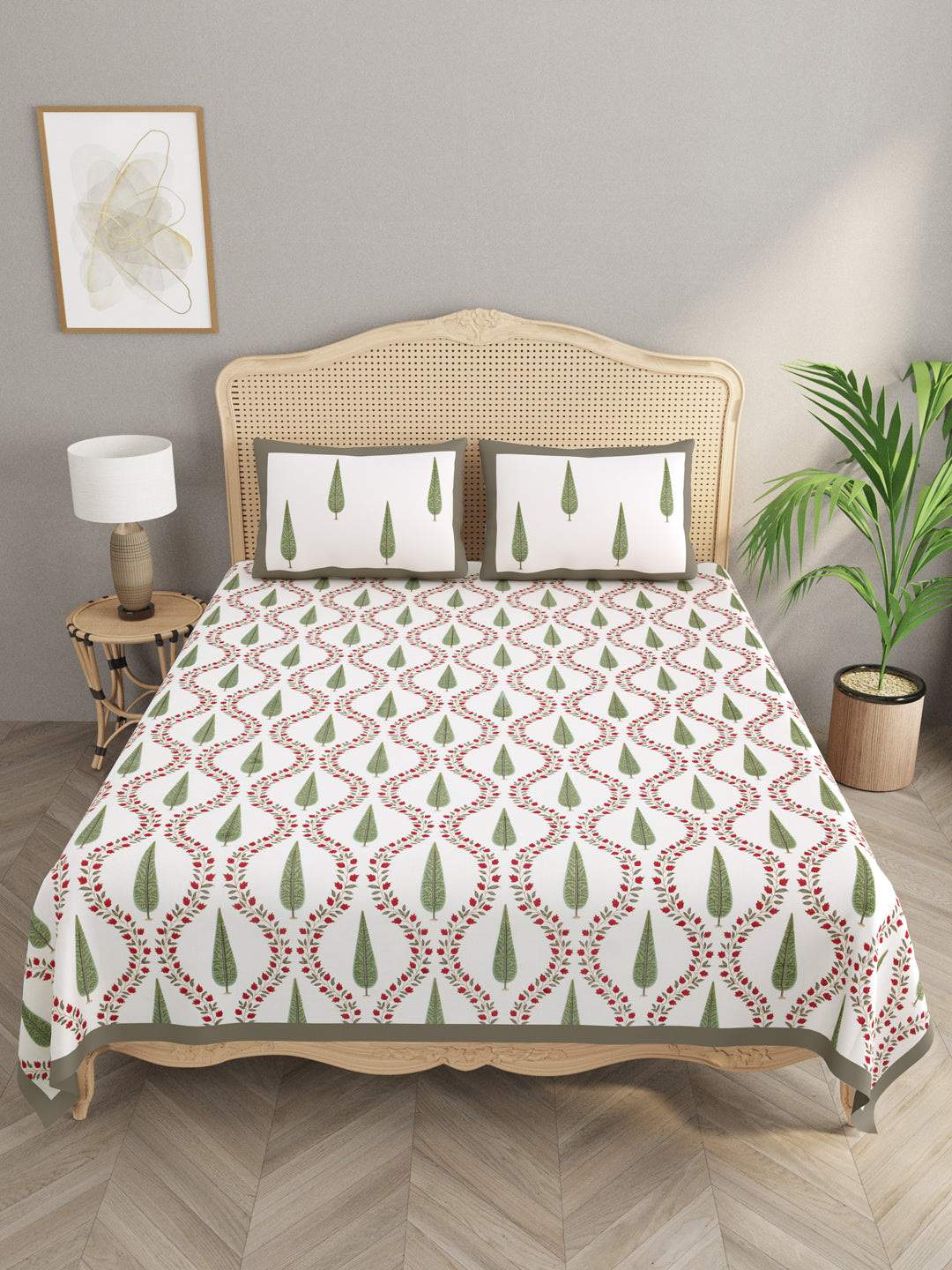 Handblock Print Super King Bedsheet in Extra Soft Percale Cotton with 2 Pillow covers