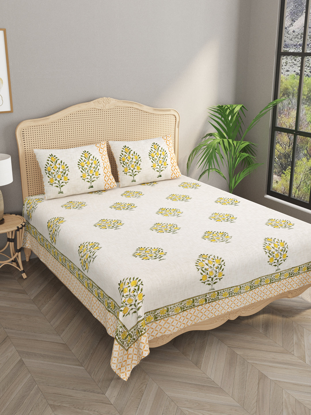 Handblock printed Jute Cotton Bedcover - Double King with 2 Pillow Covers