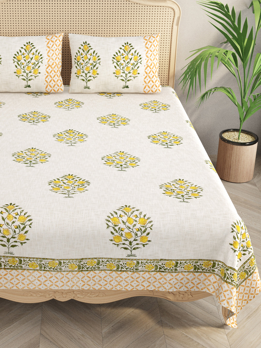 Handblock printed Jute Cotton Bedcover - Double King with 2 Pillow Covers