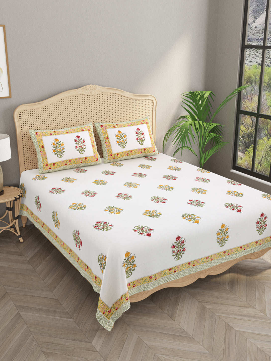 Extra Soft Percale Cotton Double King Handblock Print Bedsheet with 2 Pillow Covers