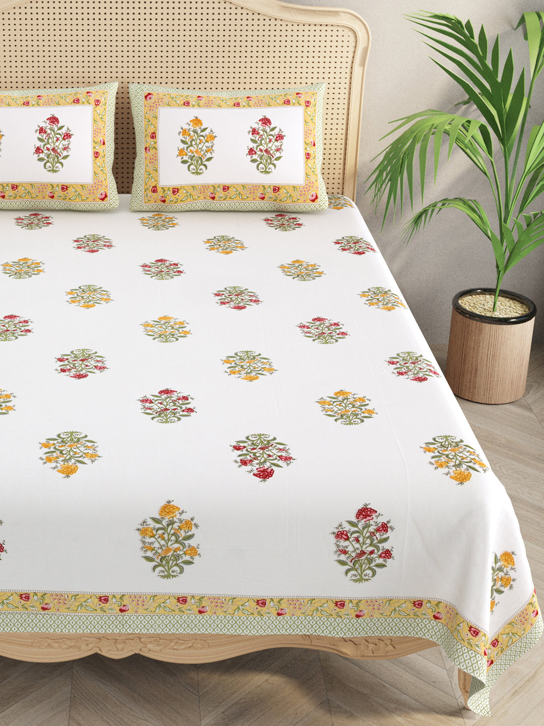 Extra Soft Percale Cotton Double King Handblock Print Bedsheet with 2 Pillow Covers