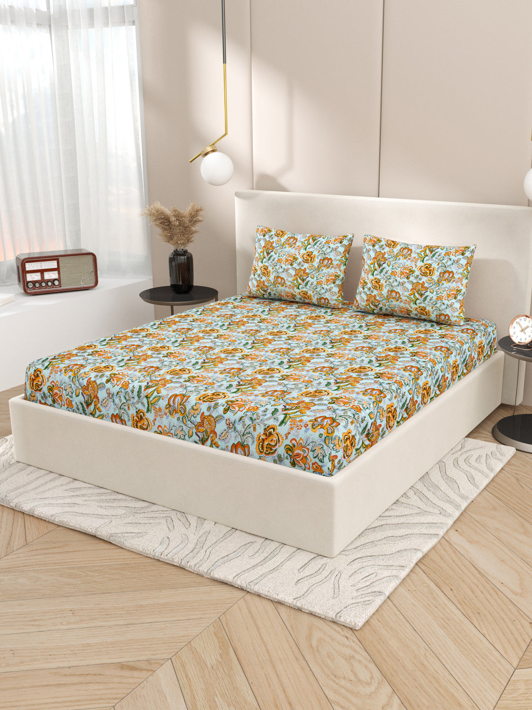 Floral print fitted Bedsheets with elastic and 2 Pillow Covers