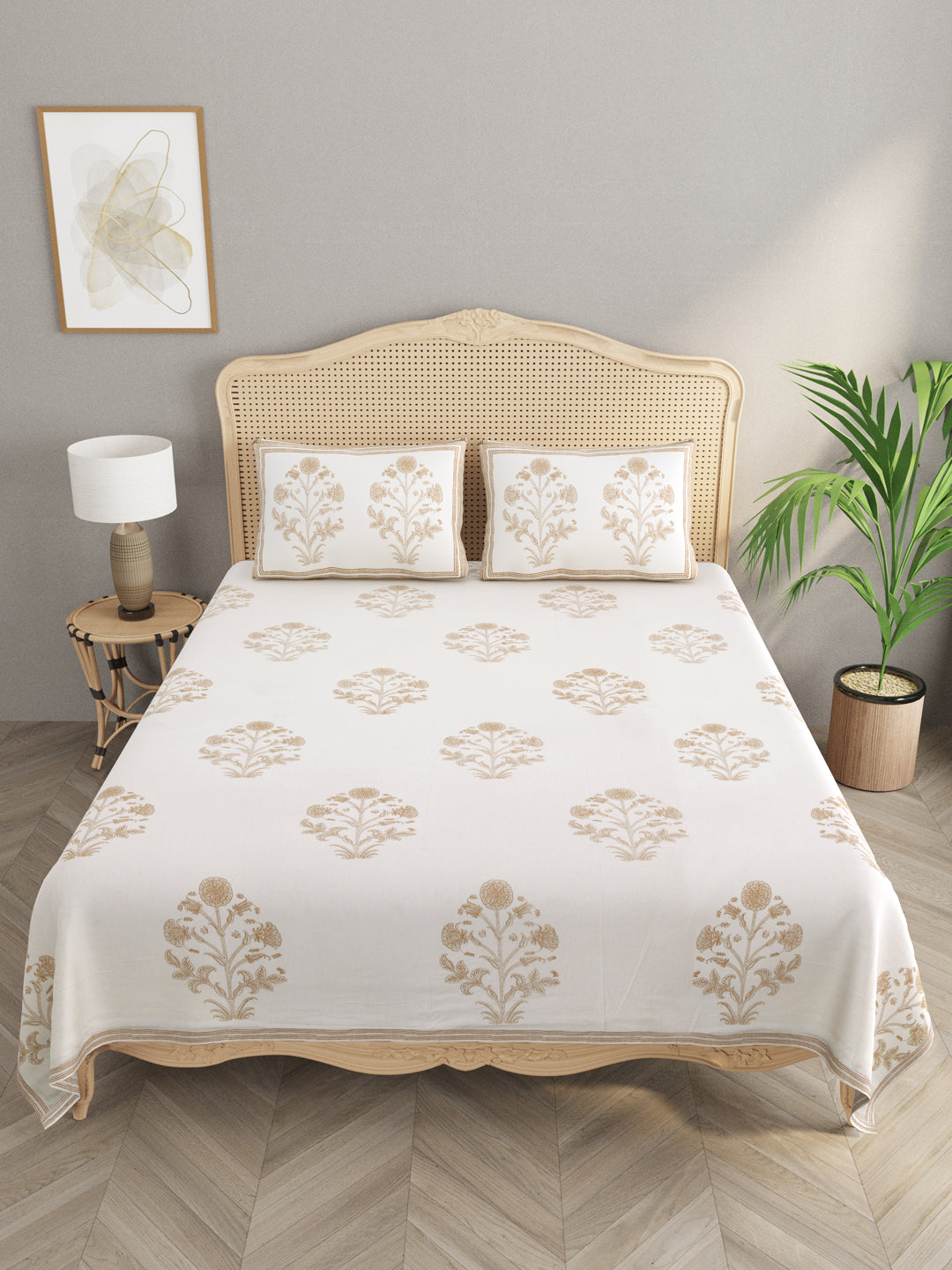 Handblock Print Super King Bedsheet in Extra Soft Percale Cotton with 2 Pillow covers