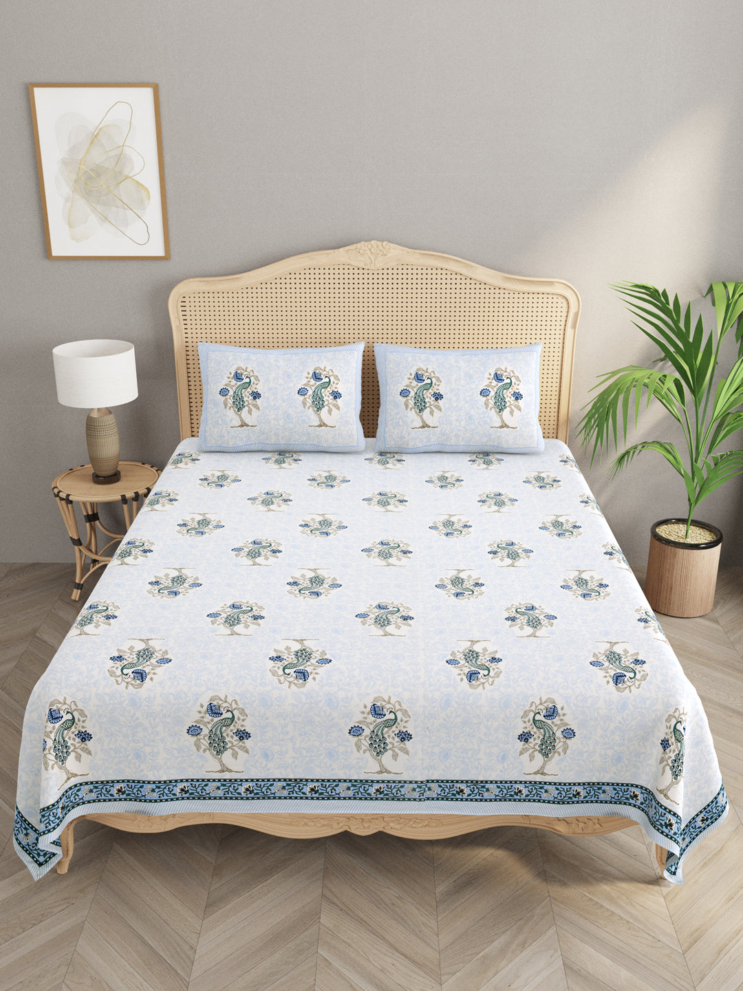 Handblock Print Super King Bedsheet in Extra Soft Percale Cotton with 2 Pillow covers
