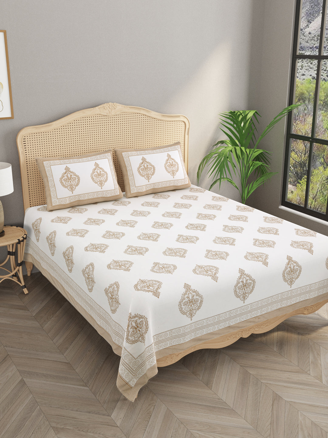 Extra Soft Percale Cotton Double King Handblock Print Bedsheet with 2 Pillow Covers