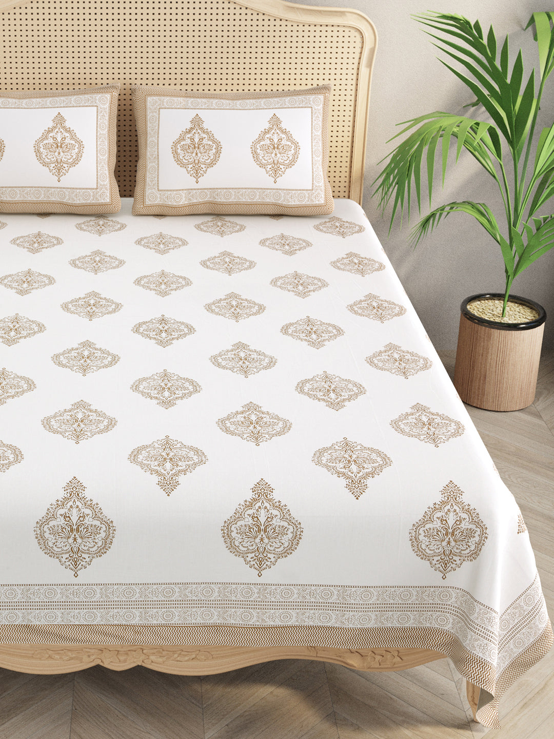 Extra Soft Percale Cotton Double King Handblock Print Bedsheet with 2 Pillow Covers