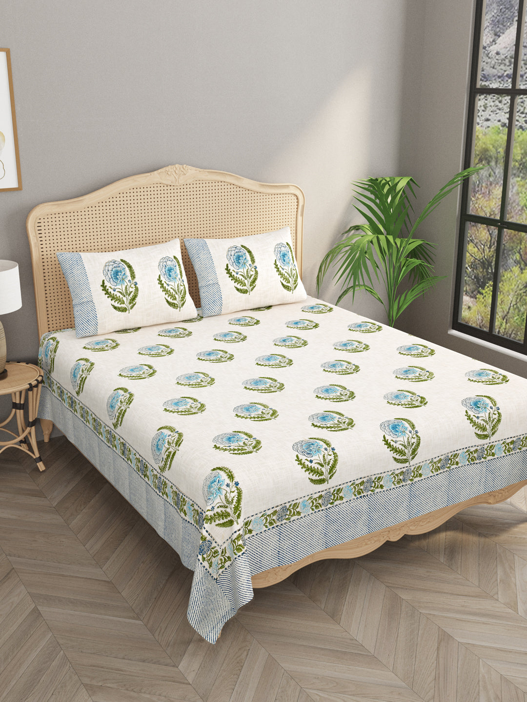 Handblock printed Jute Cotton Bedcover - Double King with 2 Pillow Covers