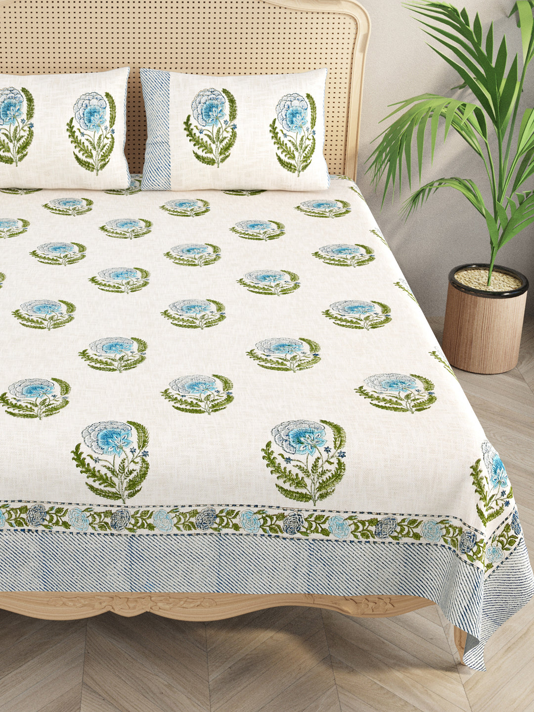 Handblock printed Jute Cotton Bedcover - Double King with 2 Pillow Covers