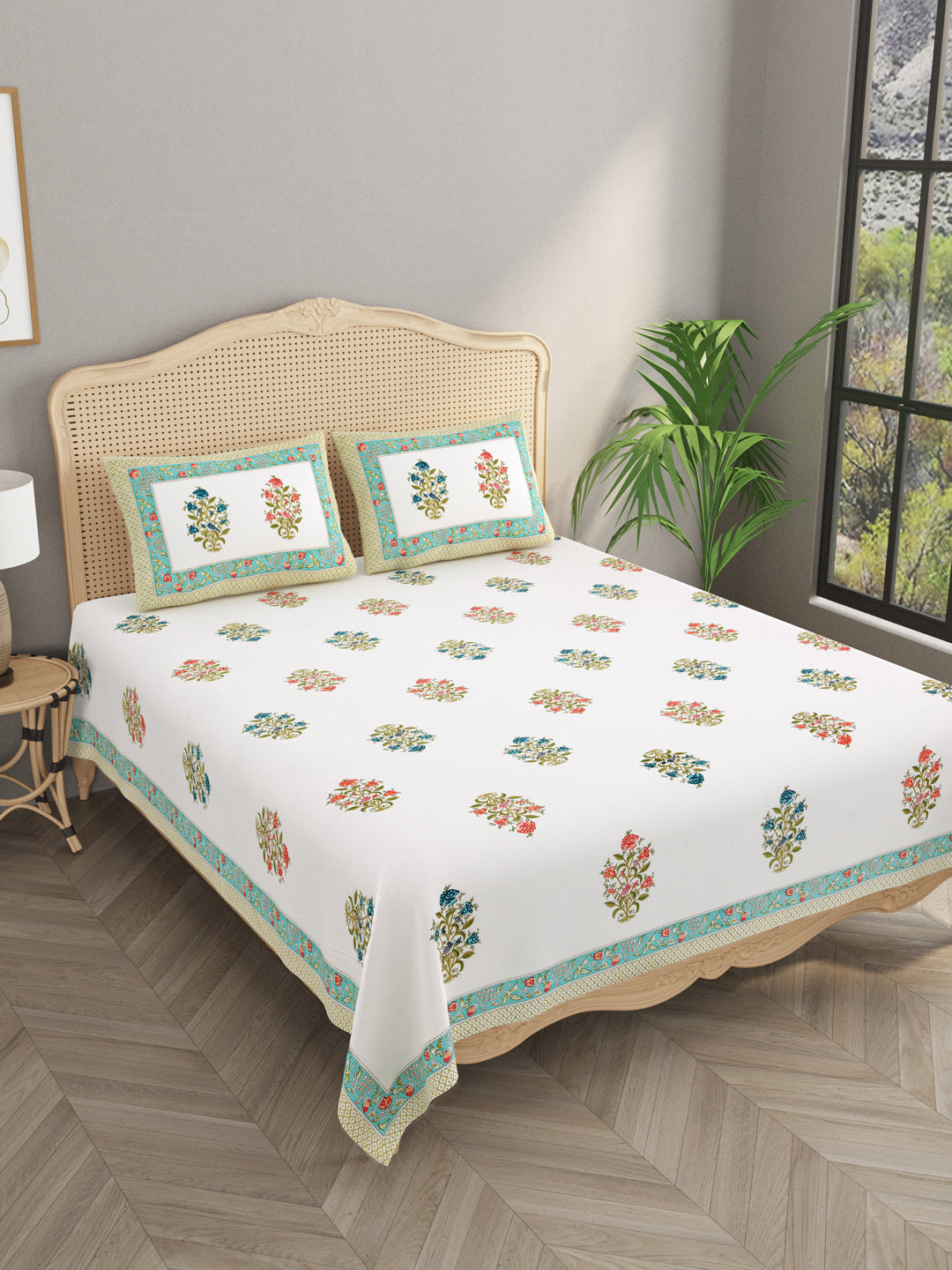 Extra Soft Percale Cotton Double King Handblock Print Bedsheet with 2 Pillow Covers