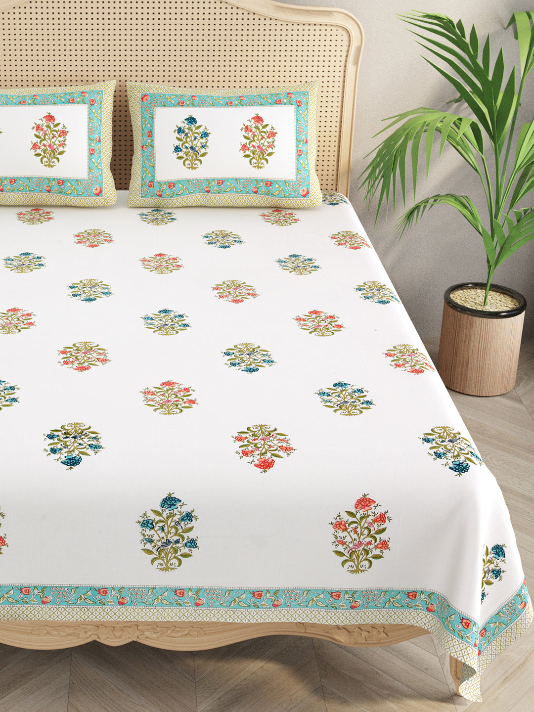 Extra Soft Percale Cotton Double King Handblock Print Bedsheet with 2 Pillow Covers