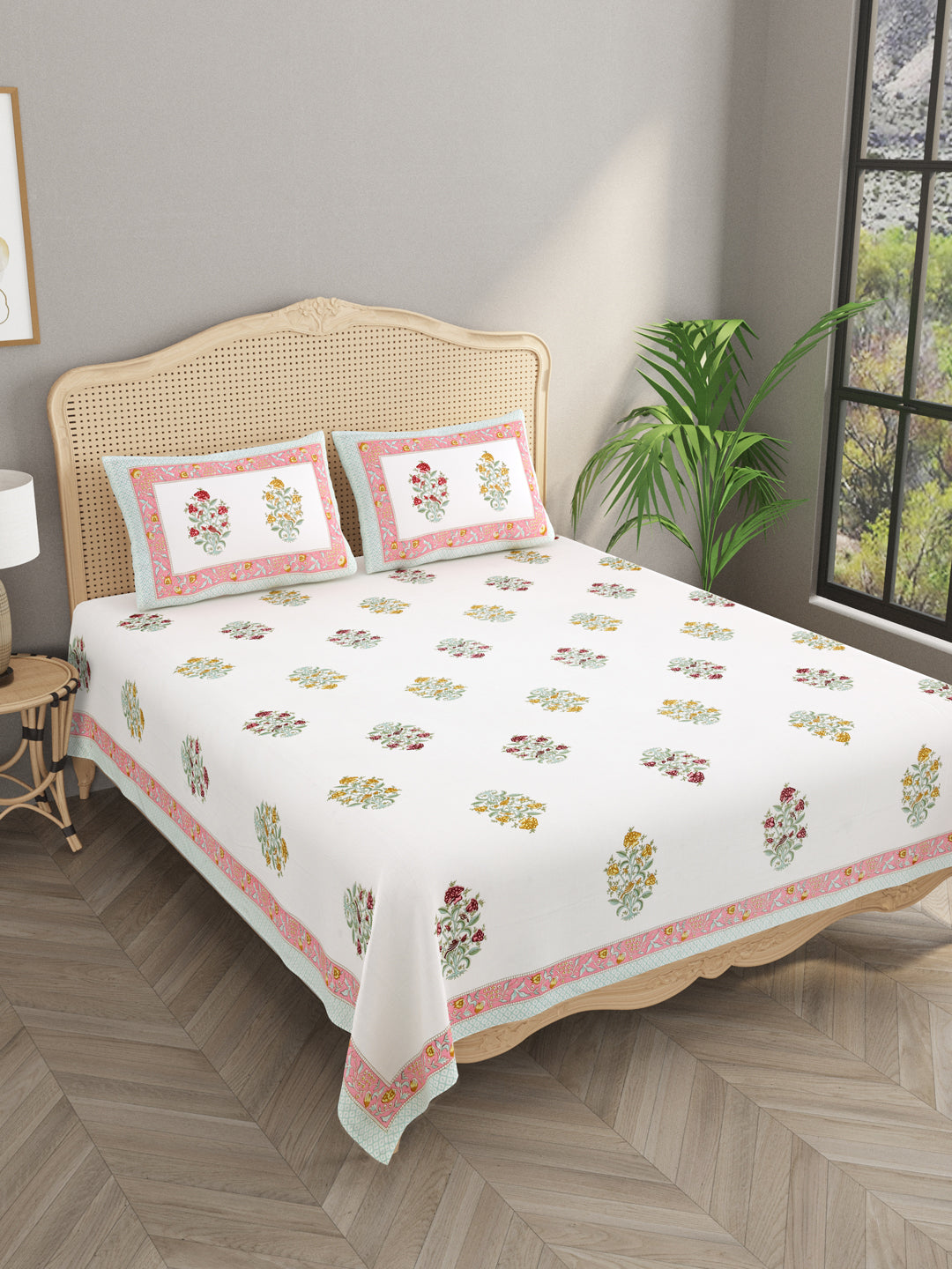 Extra Soft Percale Cotton Double King Handblock Print Bedsheet with 2 Pillow Covers
