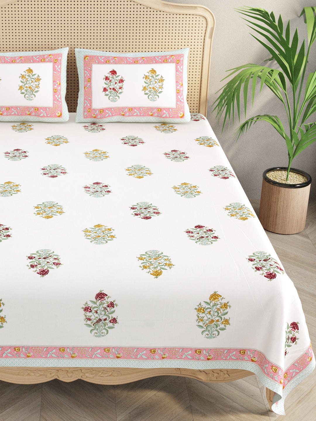 Extra Soft Percale Cotton Double King Handblock Print Bedsheet with 2 Pillow Covers