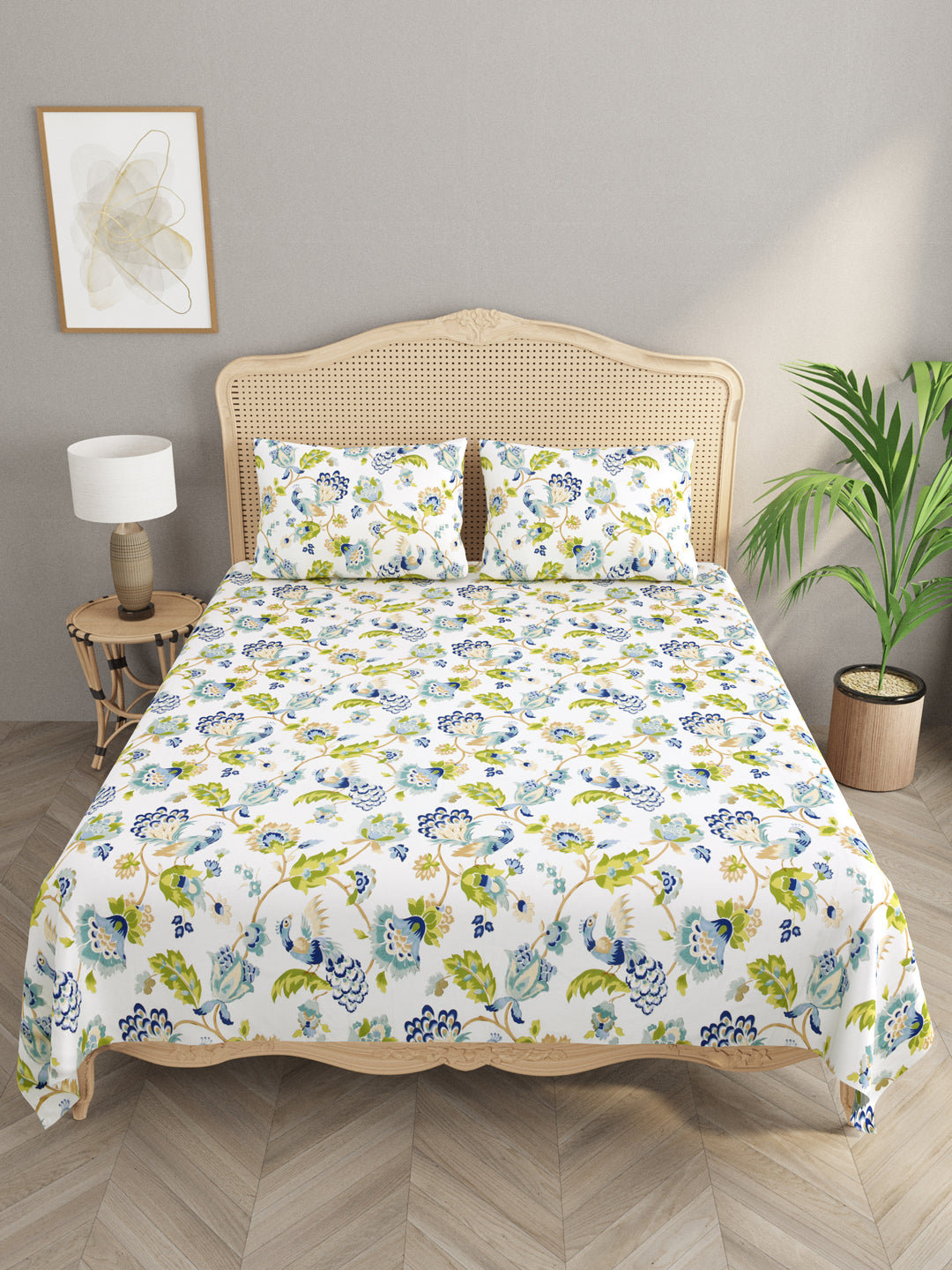 Floral Print Super King Cotton Bedsheet with 2 Pillow Covers