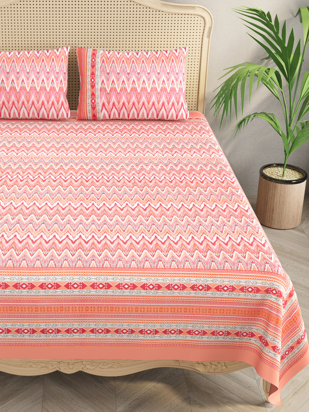 Ikat Print Super King Cotton Bedsheet with 2 Pillow Covers