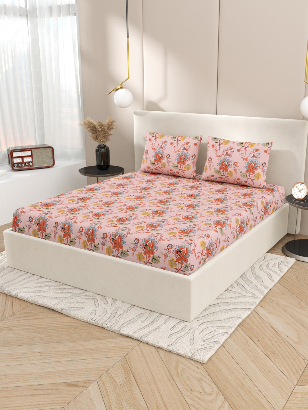 Floral print fitted Bedsheets with elastic and 2 Pillow Covers- Cotton-7