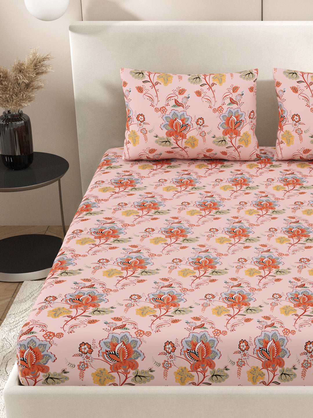 Floral print fitted Bedsheets with elastic and 2 Pillow Covers- Cotton-7