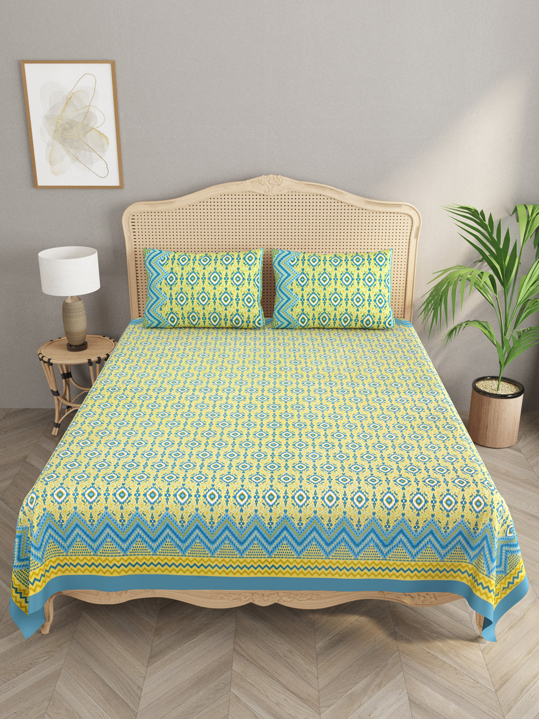 Ikat Print Super King Cotton Bedsheet with 2 Pillow Covers