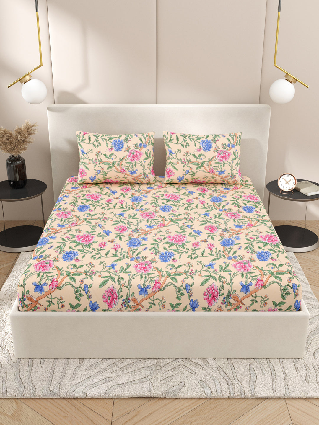 Floral print fitted Bedsheets with elastic and 2 Pillow Covers
