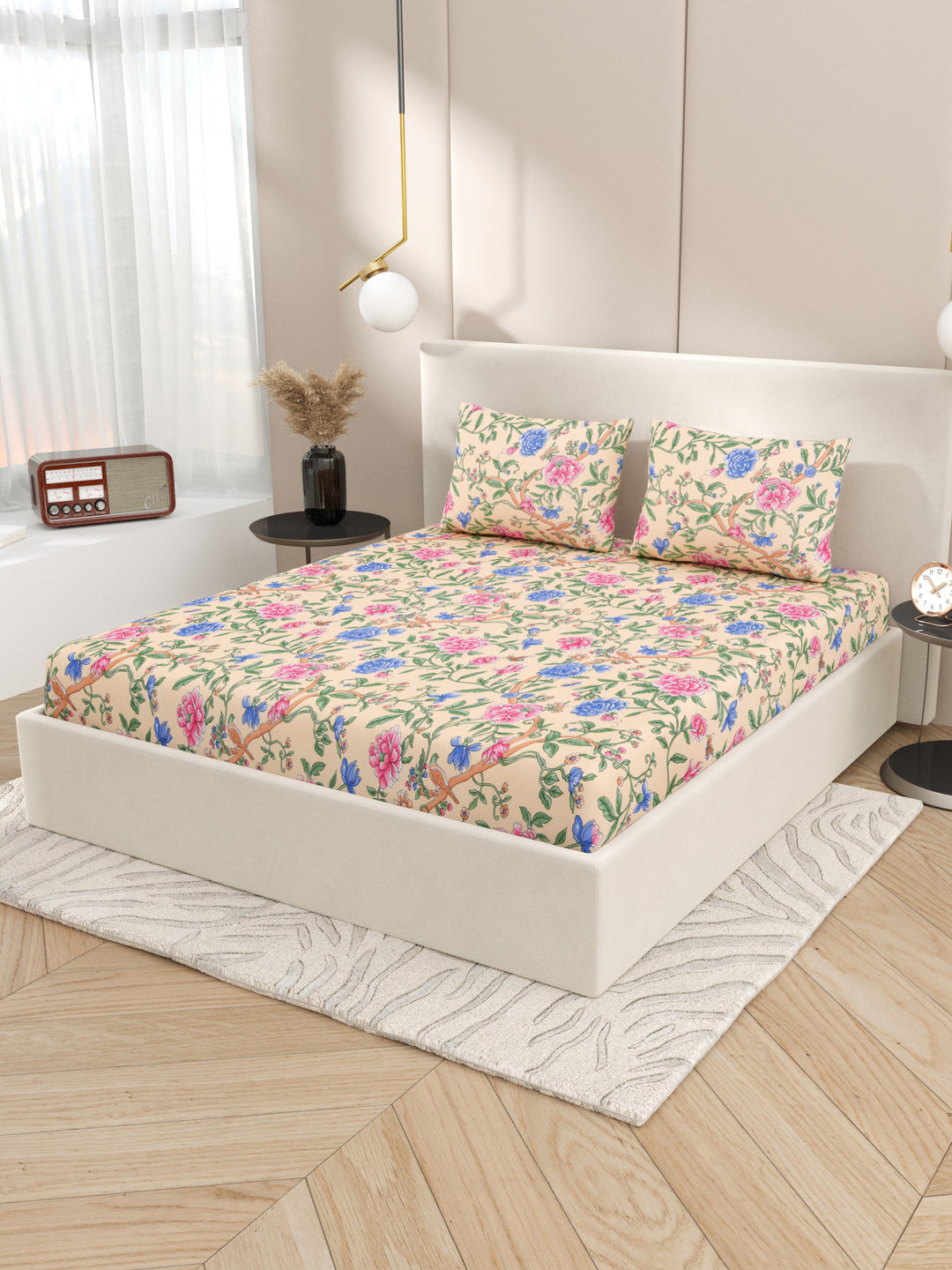 Floral print fitted Bedsheets with elastic and 2 Pillow Covers