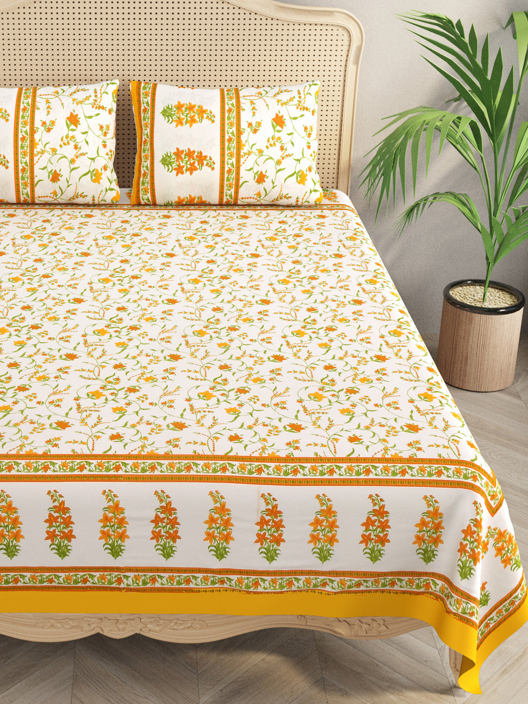 Floral Print Super King Cotton Bedsheet with 2 Pillow Covers