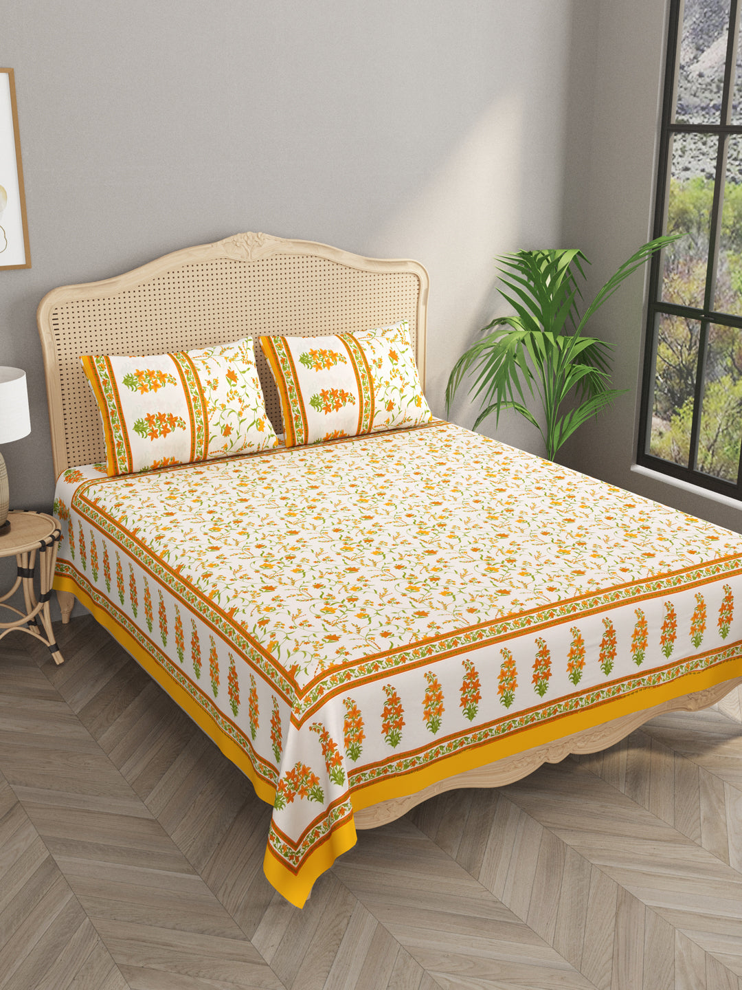 Floral Print Super King Cotton Bedsheet with 2 Pillow Covers